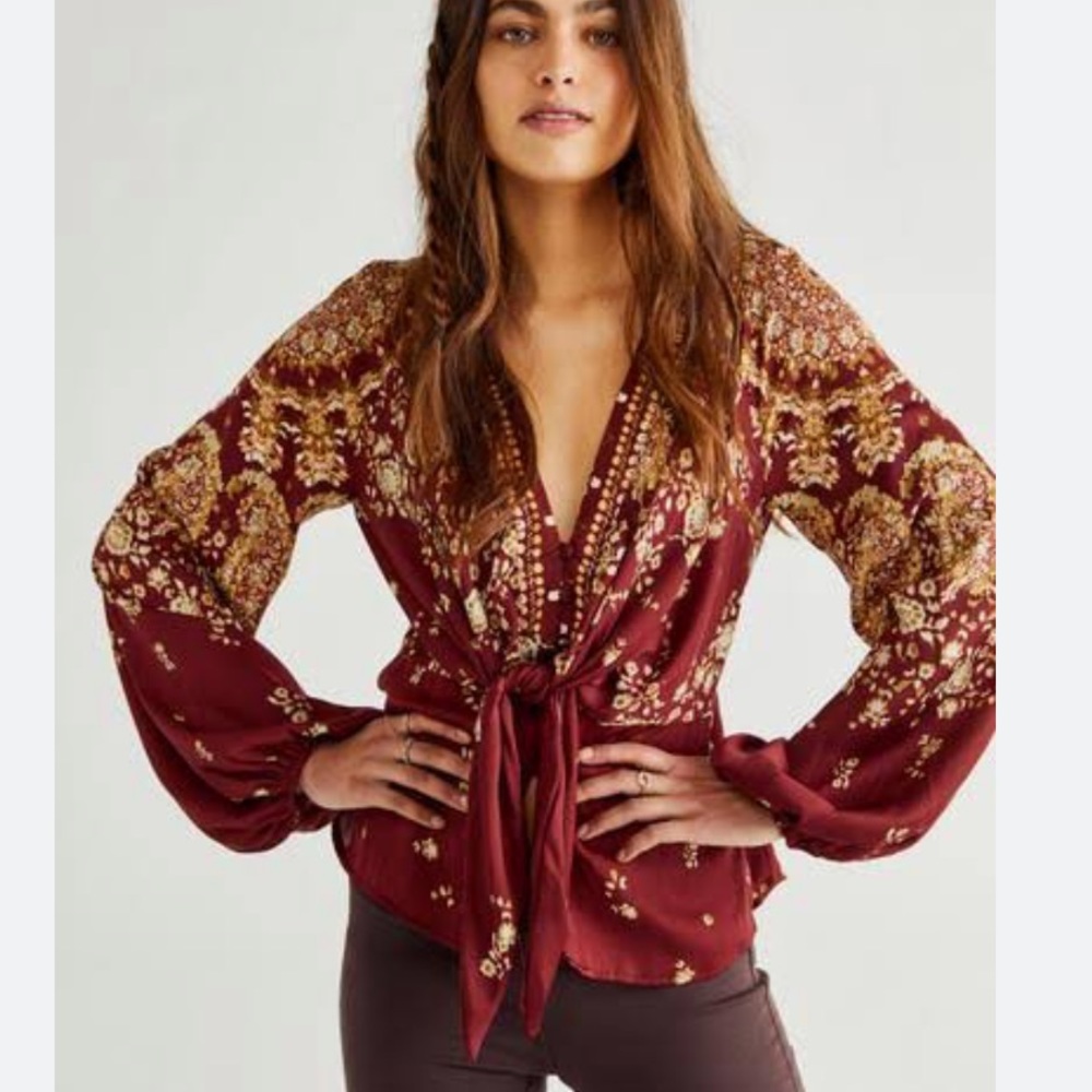 Free People Run Free Maroon Deep V Floral Boho Blouse